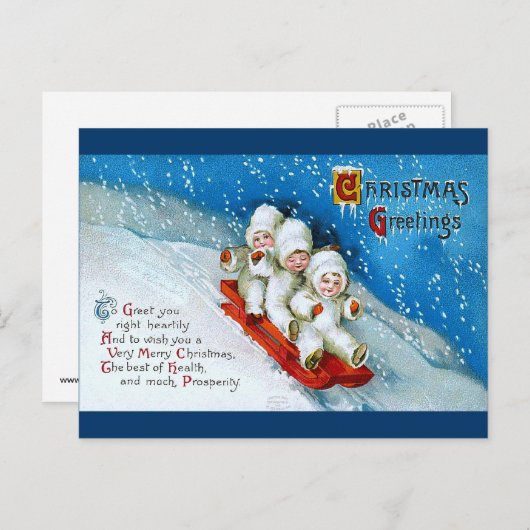 エレンH. Clapsaddle: そりの冬の子供 シーズンポストカード (正面/裏面)