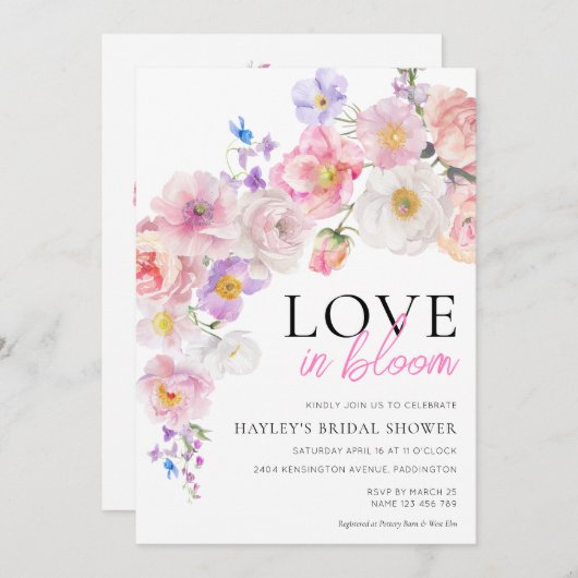 エロイズピンクフローララブイン開花ブライダルシャワー 招待状 (正面/裏面)