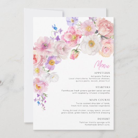 エロイーズ ピンク フラワーブライダルシャワーメニューカード 招待状 (正面)