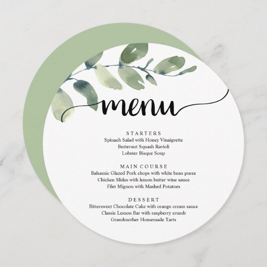エロープメントディナーのためのモダンなラスティックユーカリグリーン メニュー (正面/裏面)