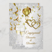 エンゲージメントシャンパン ハート ゴールド シルバー 招待状 (正面/裏面)