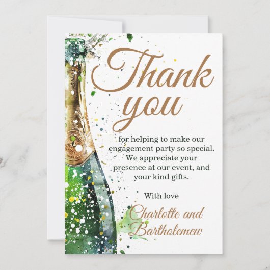 エンゲージメントパーティーのためのお祝いボトル サンキューカード (正面)