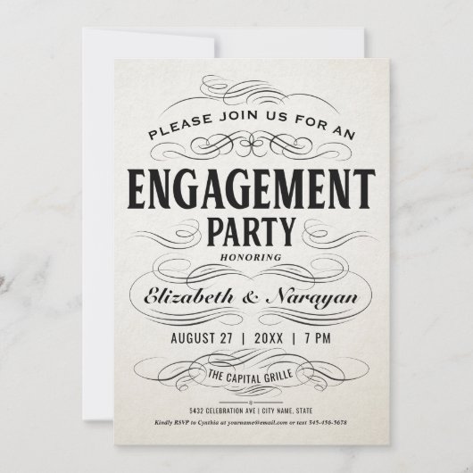 エンゲージメントパーティー招待状 ヴィンテージスクロールワーク 招待状 (正面)
