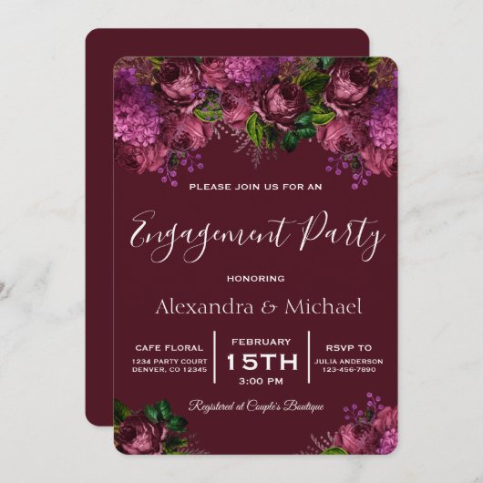 エンゲージメントパーティー 花束 マーズラ バーガンディ 招待状 (正面/裏面)