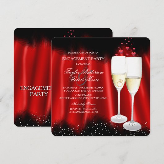 エンゲージメントパーティー 赤 黒 シャンパン リング ハート 招待状 (正面/裏面)