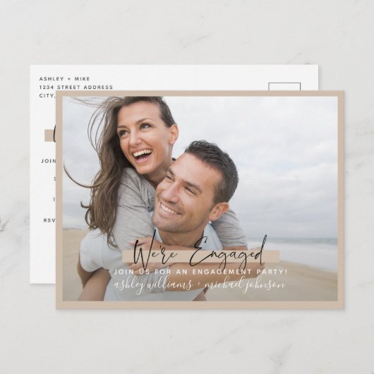 エンゲージメント写真とカリグラフィーのブッシュピンクの結婚発表 案内ポストカード (正面/裏面)