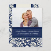 エンゲージメント発表写真ポストカード 青いダマスク 案内ポストカード (正面/裏面)