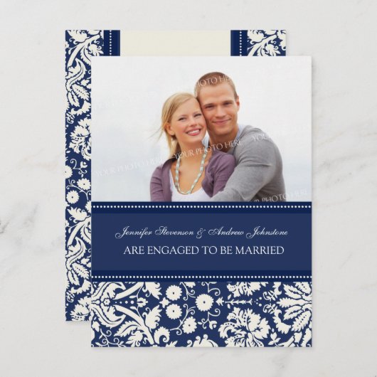 エンゲージメント発表写真ポストカード 青いダマスク 案内ポストカード (正面/裏面)