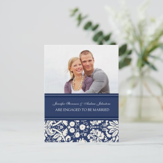 エンゲージメント発表写真ポストカード 青いダマスク 案内ポストカード (スタンド正面)