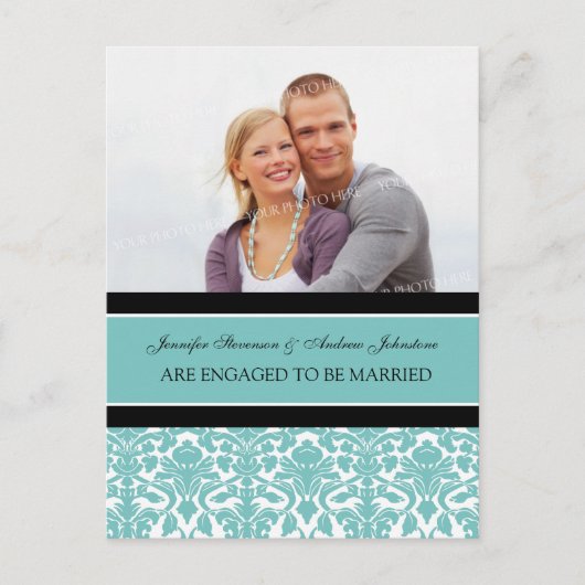 エンゲージメント発表 フォトポストカード ティール ダマスク 案内ポストカード (正面)