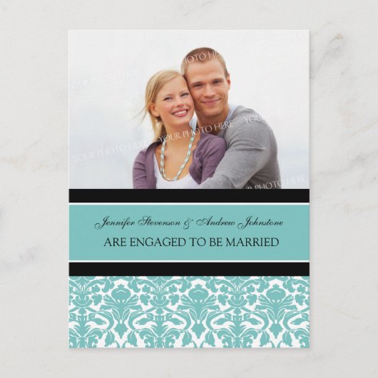 エンゲージメント発表 フォト ポストカード ティール ダマスク (正面)