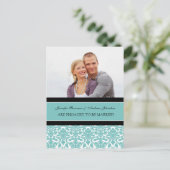 エンゲージメント発表 フォト ポストカード ティール ダマスク (スタンド正面)