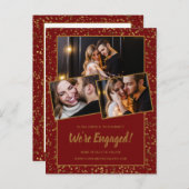 エンゲージメント発表 レッド ゴールド 3 枚の写真のポストカード インビテーションポストカード (正面/裏面)