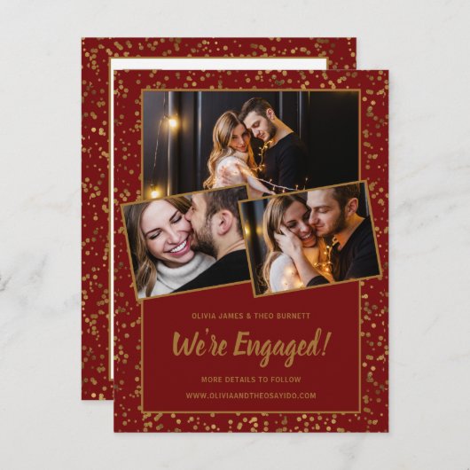 エンゲージメント発表 レッド ゴールド 3 枚の写真のポストカード インビテーションポストカード (正面/裏面)