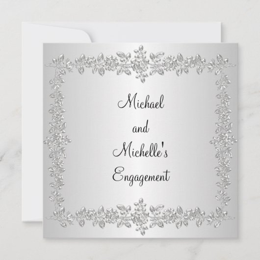 エンゲージメント ブラック ホワイト シルバー メタル ローズ 招待状 (正面)