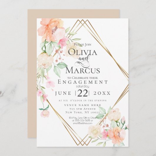 エンゲージメント ブラッシュ クリーム コーラル スプリング フローラル ブーケ 招待状 (正面/裏面)