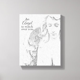 エンジェルあなたを見守るBlk Wht Sketch Canvas Art キャンバスプリント