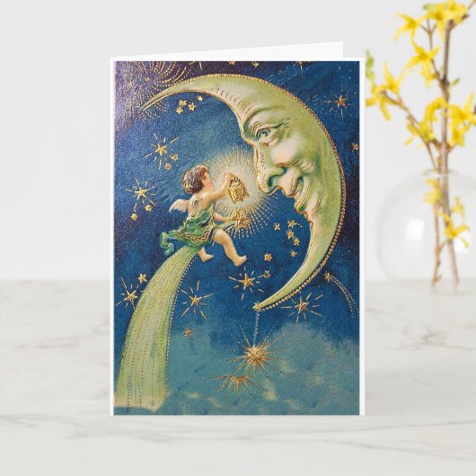 エンジェルと月の休日グリーティングカード カード (黄色い花)