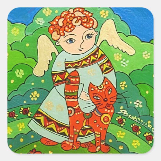 エンジェルと猫ステッカー スクエアシール (正面)