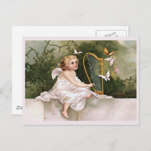 エンジェルアンドハープヴィンテージイラストレーション ポストカード (正面/裏面)