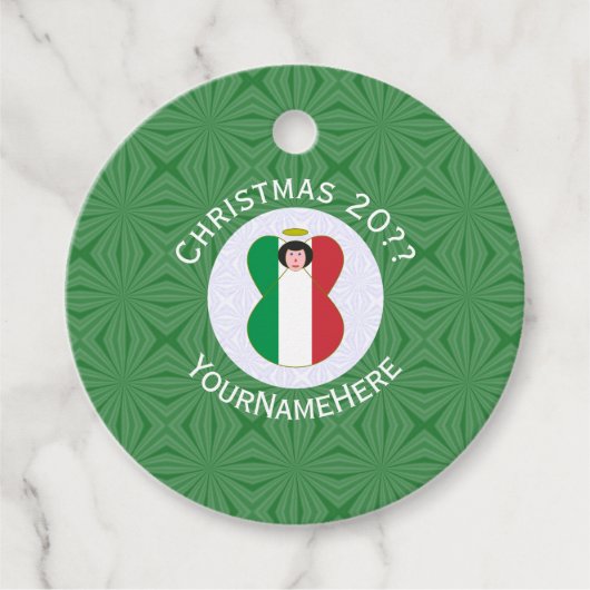 エンジェルイタリアンクリスマス国旗パーソナライズされた フェイバータグ (正面)