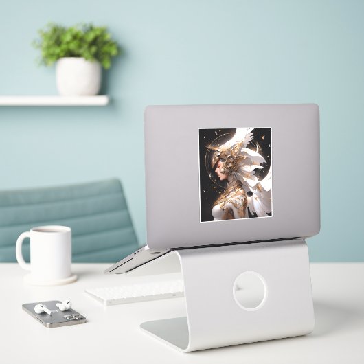 エンジェルインホワイトアーマーファンタジーアート シール (デスク上のノートパソコン)