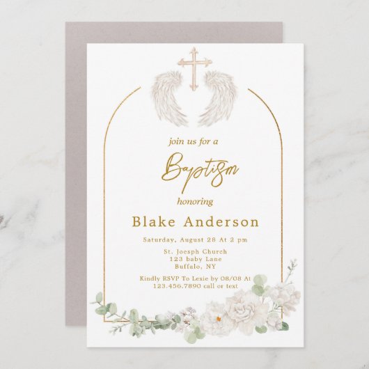 エンジェルウィングスクロス金ゴールドベビーバプテスマ 招待状 (正面/裏面)