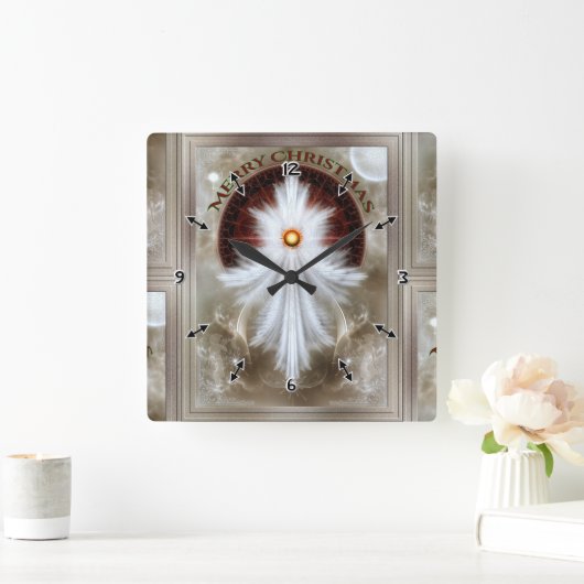 エンジェルウィングスノーフレークメリークリスマス スクエア壁時計 (ホーム)