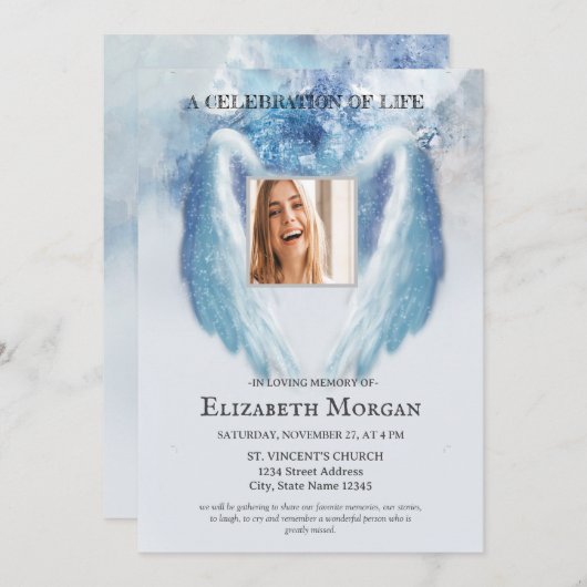 エンジェルウィングスフォトブルーお祝いオブライフ 招待状 (正面/裏面)