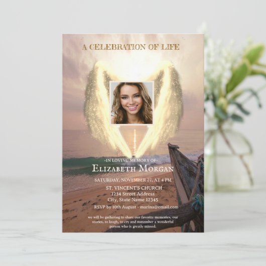 エンジェルウィングスボートサンセットフォトお祝いオブライフ 招待状 (スタンド正面)