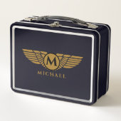エンジェルウィングスヴィンテージゴールデンネームイニシャルモノグラム メタルランチボックス (正面)