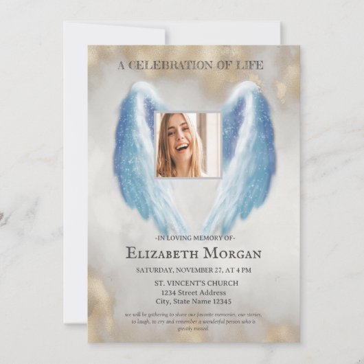 エンジェルウィングス写真金ゴールドお祝い・オブ・ライフ 招待状 (正面)