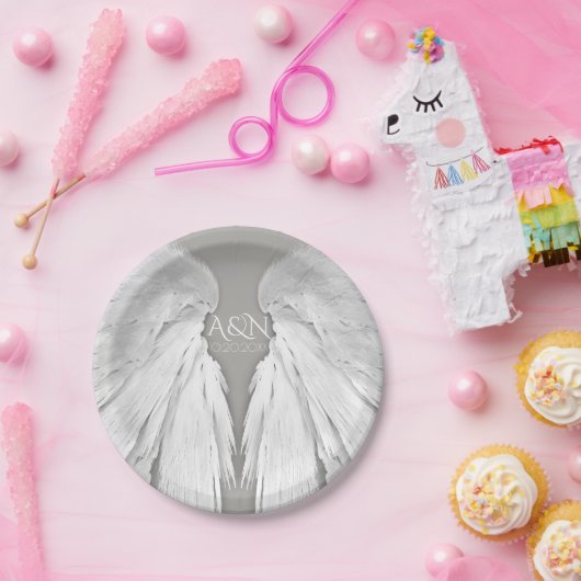 エンジェルウィング結婚ズのカップルイニシャルグレエレガントー ペーパープレート (パーティー)