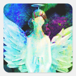 エンジェルウォーターカラーグリーンブルーウィングスハローアート スクエアシール