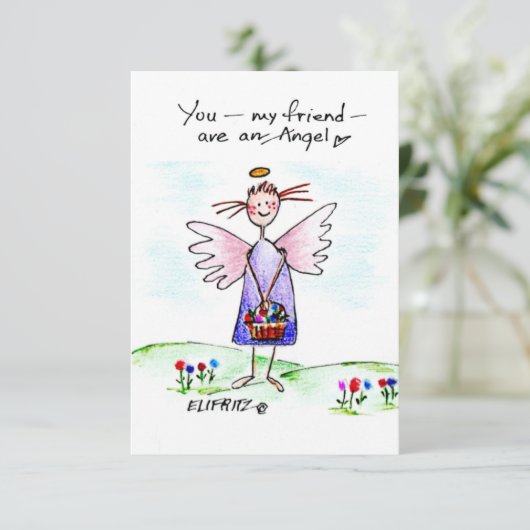 エンジェルウォーターカラースケッチパープルブルーとグリーン サンキューカード (スタンド正面)