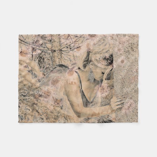 エンジェルエレガントボホフローラセピアアンティーク フリースブランケット (正面(横))