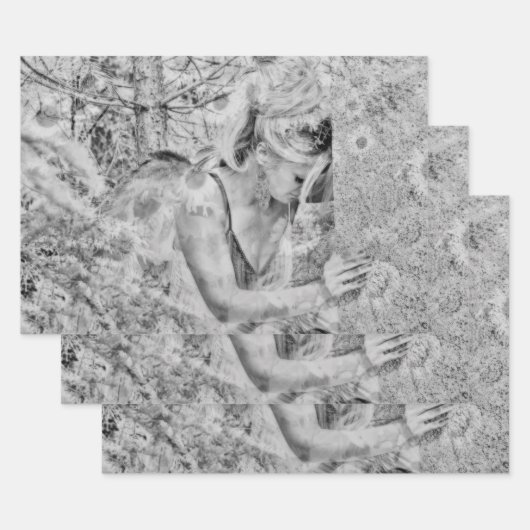 エンジェルエレガントボホブラックアンドホワイトフローラアンティーク ラッピングペーパーシート (セット)