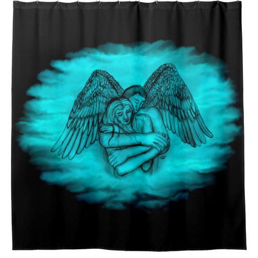 エンジェルエロスの愛、黒と緑のデザイン シャワーカーテン (正面)