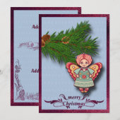 エンジェルオーナメントオンパインブランチフラットクリスマスカード 案内状 (正面/裏面)