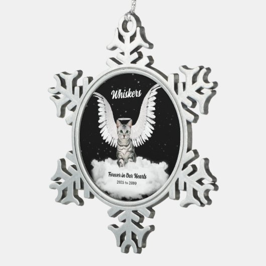 エンジェルキャットグレー虎猫メモリアル スノーフレークピューターオーナメント (右)
