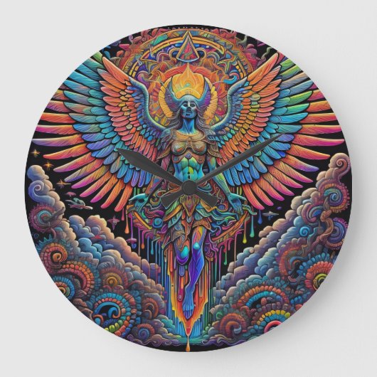 エンジェルサイケデリックカラフルアート ラージ壁時計 (正面)