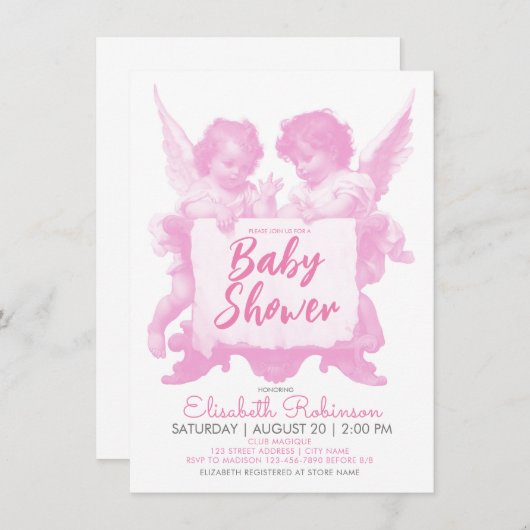エンジェルス赤ちゃんシャワーピンクパーソナライズされた 招待状 (正面/裏面)