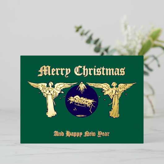 エンジェルズウィズベビーイエズクリスマス出生 箔シーズンカード (立ち正面)