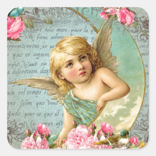 エンジェルビクトリアンヴィンテージブルーバラピンクアンティーク スクエアシール (正面)