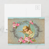 エンジェルビクトリアンヴィンテージブルーバラピンクアンティーク ポストカード (正面/裏面)