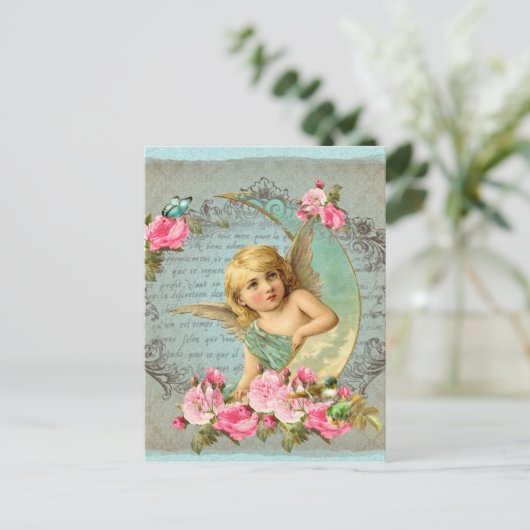 エンジェルビクトリアンヴィンテージブルーバラピンクアンティーク ポストカード (スタンド正面)