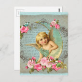 エンジェルビクトリアンヴィンテージブルーバラピンクアンティーク ポストカード (正面/裏面)