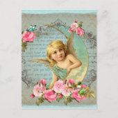 エンジェルビクトリアンヴィンテージブルーバラピンクアンティーク ポストカード (正面)