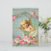 エンジェルビクトリアンヴィンテージブルーバラピンクアンティーク 便箋 (スタンド正面)