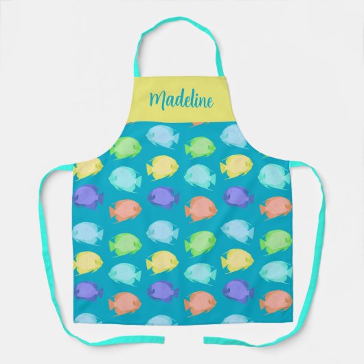 エンジェルフィッシュデザインインティール（緑がかった色）イエローサンゴ エプロン (正面)